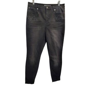 INC International Concepts High Rise Skinny Embellished Black Jeans 14/32